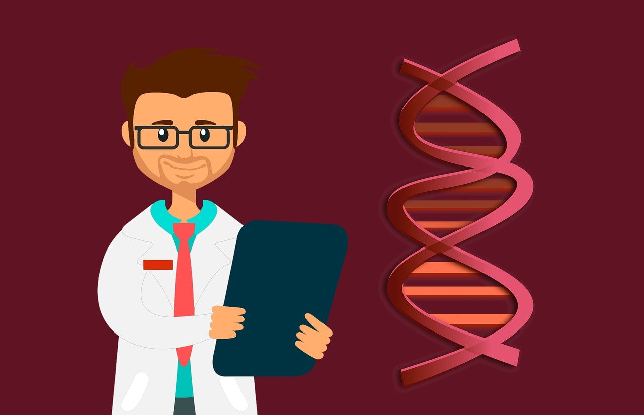 遺伝子検査キットの解析結果を確認する医師とDNA構造のイラスト